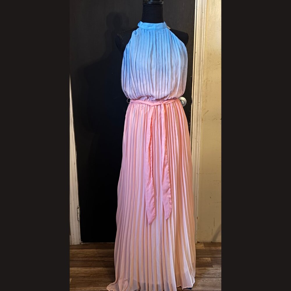 Pastel Pleated Halter Maxi Dress | Ombré Blue & Pink | Size S